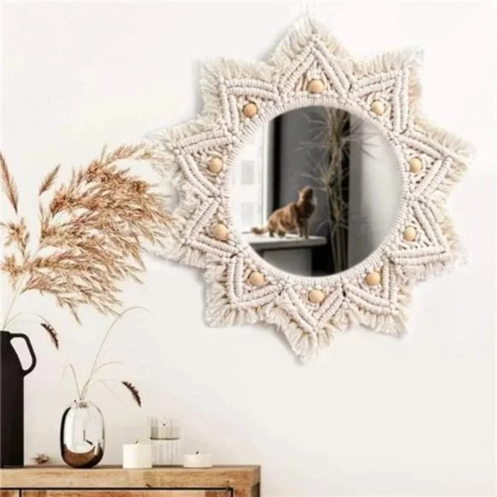 Boho Wall Decor Mirror Macrame Circle Hanging Mirror for Bedroom Living Room